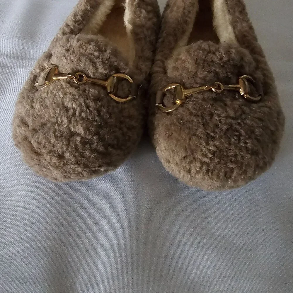 CVOI'S Kids Girls Khaki Warm Faux Shearling Loafers Winter Flat‎ Shoes Size 23